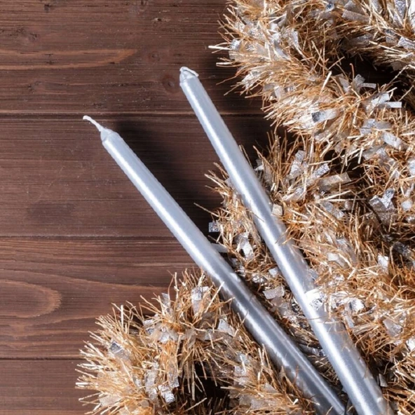 10 PCS CHRISTMAS CANDLE METALLIC BRIGHT SİLVER CANDLESTICK 10 ADET GÜMÜŞ ŞAMDAN MUMU YILBAŞI MUMLARI ürün görseli 1