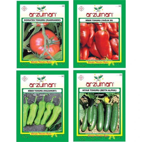 MARMANDE DOMATES - MAZAMORT BİBER - BEİTH ALPHA SALATALIK - YAĞLIK 28 BİBER 4'LÜ TOHUM SETİ ürün görseli 1
