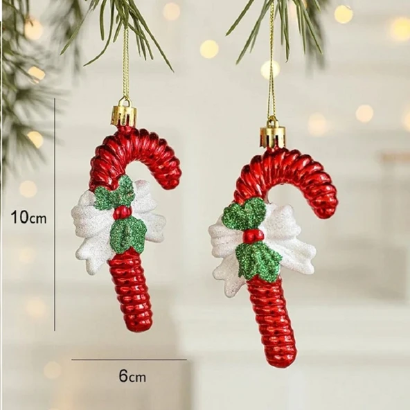 VIP DELUXE 3 ADET FİYONKLU BASTON ÇUBUK YILBAŞI AĞAÇ SÜSÜ 10 CM PARLAK SİMLİ KIRMIZI NOEL SÜSLERİ ürün görseli 1