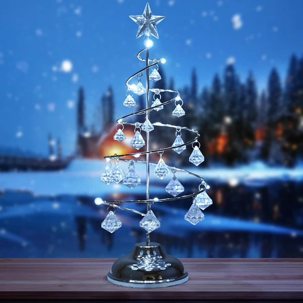 VIP KALİTE 20 CM METAL KRİSTAL SARKITLI YILBAŞI AĞACI BEYAZ LED IŞIKLI NOEL AĞACI GÜMÜŞ ÇAM AĞACI ürün görseli 1
