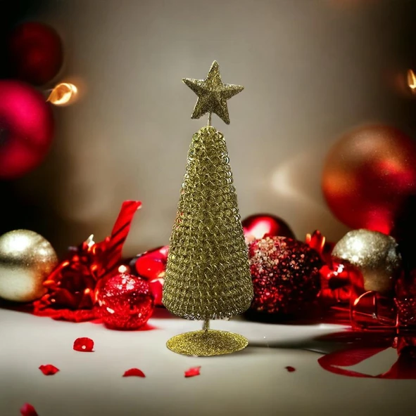 VIP DELUXE METAL YILBAŞI ÇAM AĞACI PARLAK SİMLİ GOLD NOEL AĞACI 21 CM ALTIN ÇAM AĞACI DEKOR ÇAM 21CM ürün görseli 1