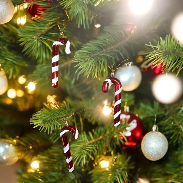 VIP DELUXE 6 ADET BASTON SÜS 13 CM PARLAK SİMLİ KIRMIZI YILBAŞI AĞACI SÜSLERİ NOEL AĞACI SÜSLERİ ürün görseli 1