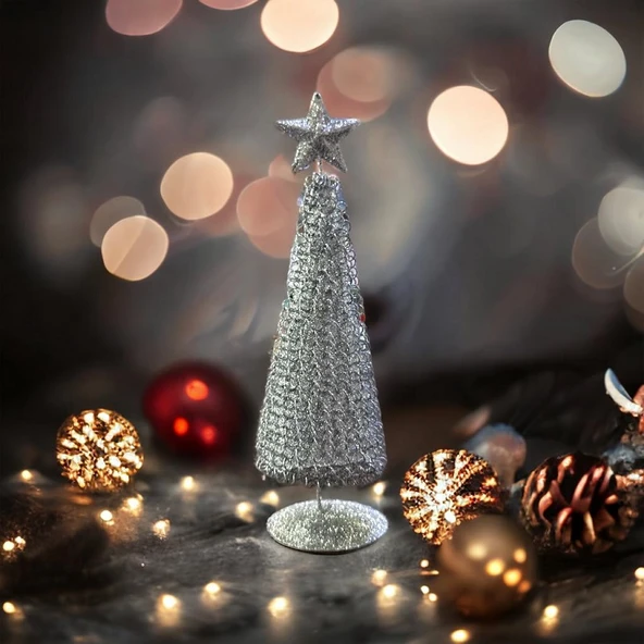 VIP DELUXE GÜMÜŞ  METAL YILBAŞI ÇAM AĞACI PARLAK SİMLİ NOEL AĞACI 21 CM ÇAM AĞACI DEKOR ÇAM GOLD ürün görseli 1