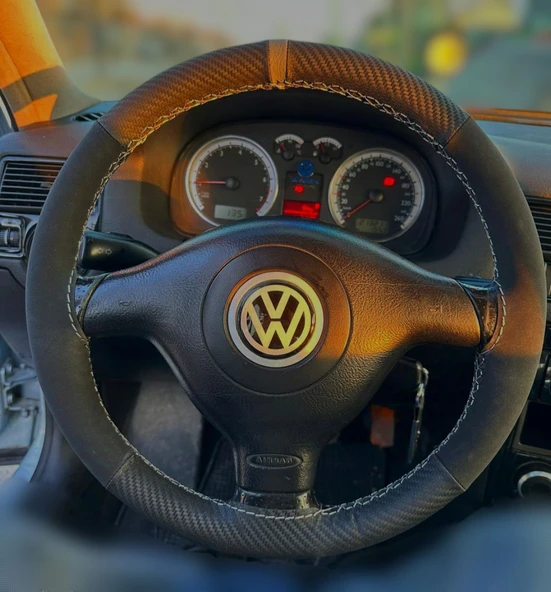 DİKİŞLİ DİREKSİYON KILIFI KARBON DERİ NUBUK DERİ GRİ YÜZÜK GRİ DİKİŞLİ VOLKSWAGEN POLO İÇİN ürün görseli 1