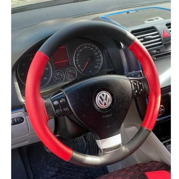 DİKİŞLİ DİREKSİYON KILIFI İTHAL SİYAH KIRMIZI DERİ SİYAH DİKİŞLİ VOLKSWAGEN GOLF İÇİN ürün görseli 1