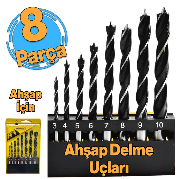 Ahşap Delme Matkap Ucu Set 8 'li Paket Ağaç Sunta Kartonpiyer Delme 3 4 5 6 7 8 9 10 mm Çap ürün görseli 1