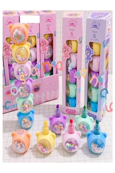 Pullu Ayıcık Yumurtlayan Fosforlu Kalem 1 Paket 5 Renk Pullu Ayıcık Figürlü İşaret Kalemi Mini 5 li Fosforlu Kalem ürün görseli 1