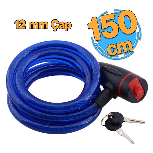 Bisiklet Halat Zincir Kilit 150 cm Motosiklet Çelik Kilit Çap 12 mm Ø  Hırsız Önleme Güvenlik 1 Adet ürün görseli 1