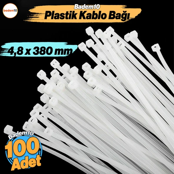 100 Adet Cırt Kelepçe 4,8x380 mm Plastik Beyaz Renk Zip Kablo Bağı Çok Amaçlı Bağlama ürün görseli 1