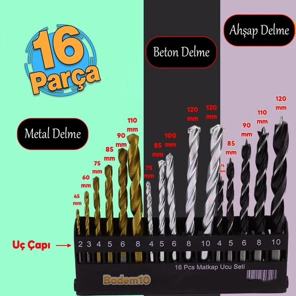 Matkap Ucu Set 16'lı Paket 3'ü Bir Arada Beton Duvar Ahşap Metal Çelik Delme Uç Değişik Uzunluk Çap ürün görseli 1