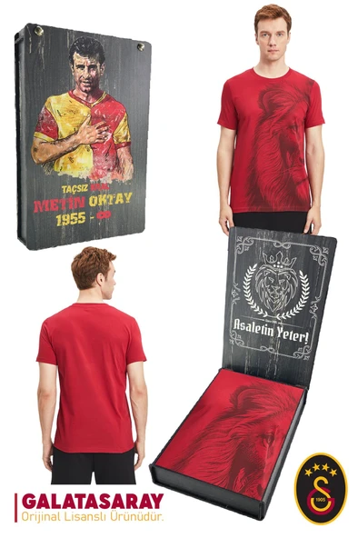 Galatasaray Orijinal Lisanslı Aslan Baskılı T-Shirt Metin Oktay Baskılı Hediyelik Ahşap Kutulu ürün görseli 1