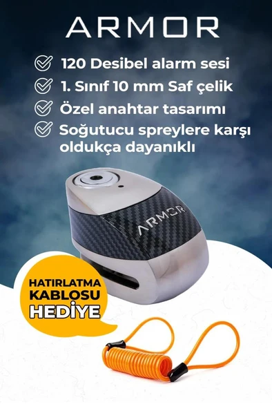 Armor 610 MVA 10 mm Alarmlı Çelik Disk Kilit Motorsiklet Kilidi+Hatırlatma Kablosu ürün görseli 1