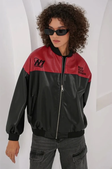 0698 Baskılı Suni Deri Bomber Ceket - Bordo - Resim 3