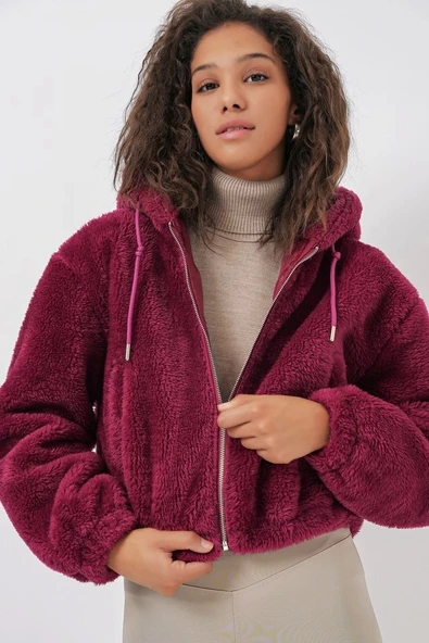 5193 Kapüşonlu Peluş Crop Ceket - Mürdüm - Resim 4