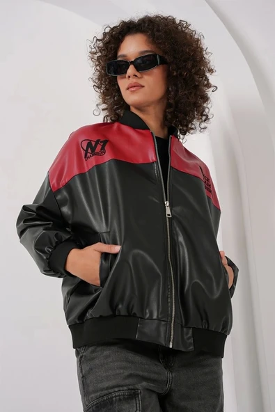0698 Baskılı Suni Deri Bomber Ceket - Bordo - Resim 4