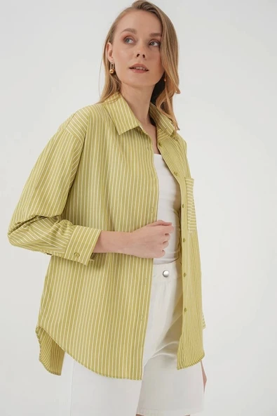 20205 Çizgili Oversize Gömlek - Yağ Yeşil - Resim 4