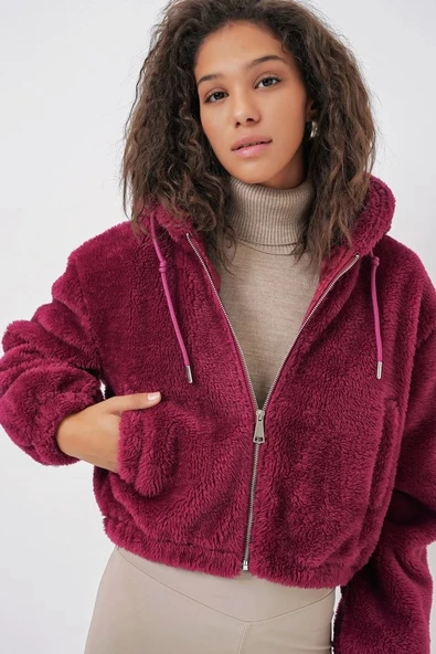 5193 Kapüşonlu Peluş Crop Ceket - Mürdüm ürün görseli 1