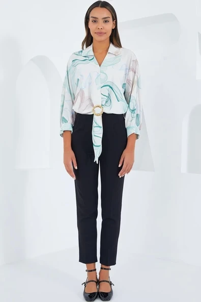 Oversize Dökümlü Crop Saten Gömlek 906 - Mint - Resim 2