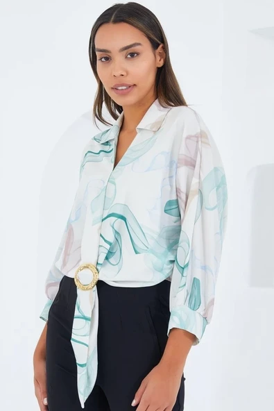 Oversize Dökümlü Crop Saten Gömlek 906 - Mint - Resim 3