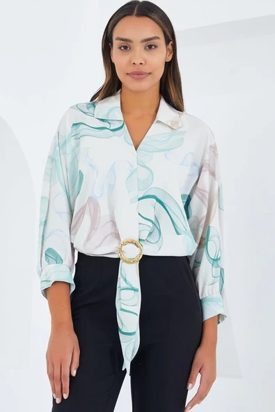 Oversize Dökümlü Crop Saten Gömlek 906 - Mint ürün görseli 1