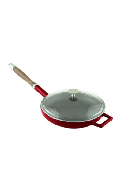 Lava Döküm Kızartma Tavası 28cm Ahşap Saplı Glaze Kırmızı ürün görseli 1