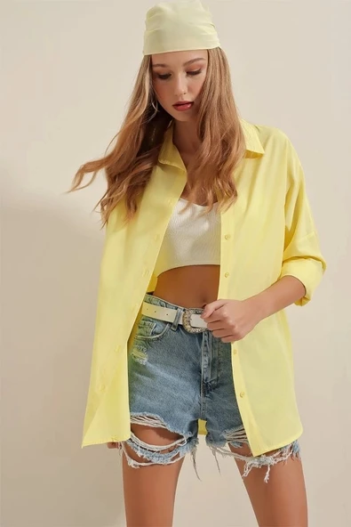 3900 Oversize Uzun Basic Gömlek - Sarı - Resim 4