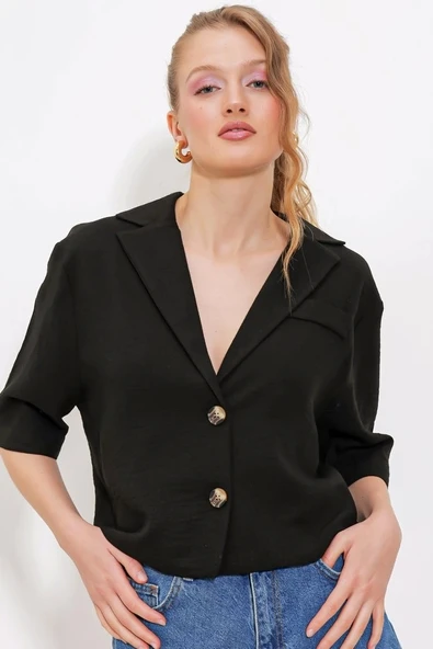 Siyah Çift Düğmeli Oversize Crop Keten Ceket 0706 ürün görseli 1