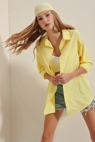 3900 Oversize Uzun Basic Gömlek - Sarı ürün görseli 1