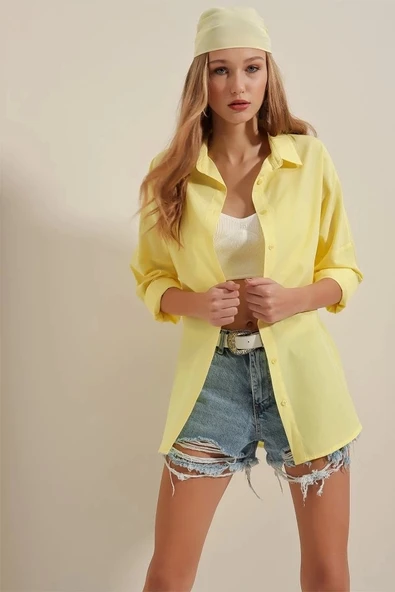 3900 Oversize Uzun Basic Gömlek - Sarı - Resim 3