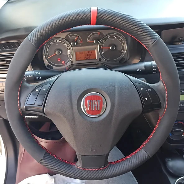 DİKİŞLİ DİREKSİYON KILIFI KARBON DERİ NUBUK DERİ KIRMIZI YÜZÜK KIRMIZI DİKİŞLİ FIAT LİNEA İÇİN ürün görseli 1