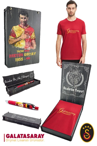 Galatasaray Orijinal Lisanslı Kırmızı Erkek T-Shirt + Uçlu Kalem Set Hediyelik Ahşap Kutulu ürün görseli 1