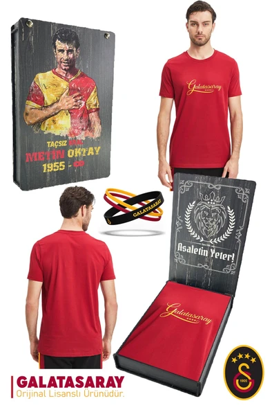 Galatasaray Orijinal Lisanslı Kırmızı Erkek T-Shirt + Bileklik Set Hediyelik Ahşap Kutulu ürün görseli 1