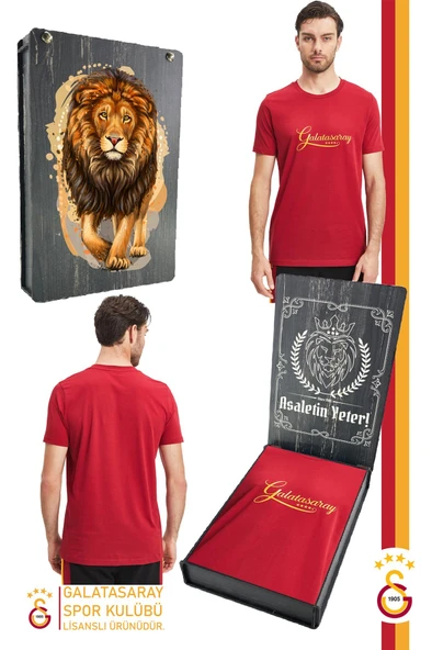 Galatasaray Orijinal Lisanslı Kırmızı Erkek T-Shirt Gs Aslan Baskılı Hediyelik Ahşap Kutulu ürün görseli 1
