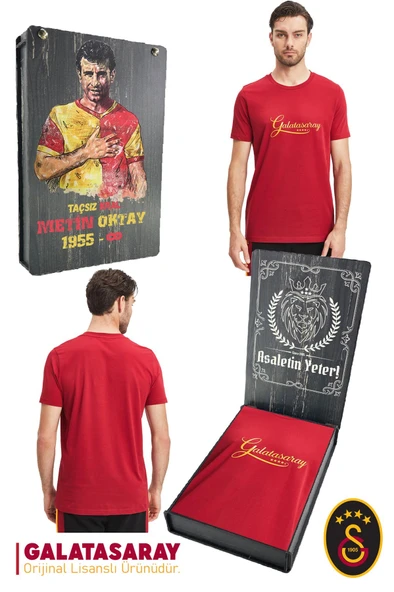 Galatasaray Orijinal Lisanslı Kırmızı Erkek T-Shirt Metin Oktay Baskılı Hediyelik Ahşap Kutulu ürün görseli 1