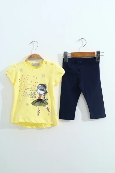 Toontoy Kız Çocuk 2'li Takım Baskılı Bisiklet Yaka T-Shirt & Beli Lastikli Kapri Şort ürün görseli 1