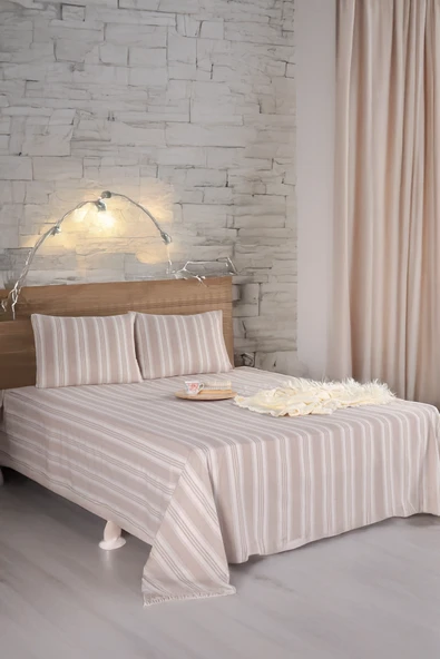 Upstyle Sport Çizgili Çarşaf + Yastık Kılıfı  Seti Tek Kişilik Soft Line Bej ürün görseli 1