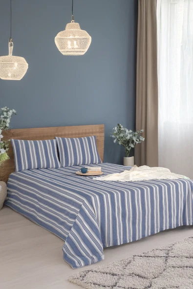 Upstyle Sport Çizgili Çarşaf + Yastık Kılıfı  Seti Tek Kişilik Soft Line Lacivert ürün görseli 1