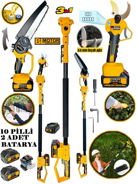 Waltmann Alman WX36  Teleskopik + 55 MM Dijital Budama Makası +Otomatik Yağ Pompalı Zincirli Testere 2 Akülü ürün görseli 1