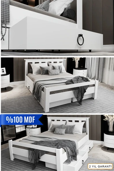 Ninnimo Arya Çift Kişilik 160x200 Yatak Uyumlu Mdf Beyaz Çekmeceli Karyola Maçy-1 ürün görseli 1