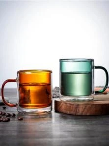 Linanware 2'li Çift Çidarlı Borosilikat Cam Nostaljik Kahverengi Yeşil Kupa Bardak 350ML DSG-26 ürün görseli 1