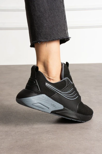 Günlük Kadın Siyah Gri Spor Ayakkabı Bağcıklı Kalın Hafif Yüksek Taban Sneaker 001 ürün görseli 1