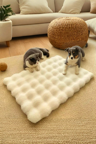 Peluş Yumuşak Yıkanabilir Bubble Kedi Yatağı - Köpek Yatağı Minder Krem ürün görseli 1