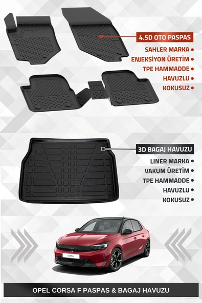Sahler Opel Corsa F 2020+ Uyumlu 4.5D Premium Havuzlu Oto Paspas ve Liner Marka 3D Bagaj Havuzu ürün görseli 1
