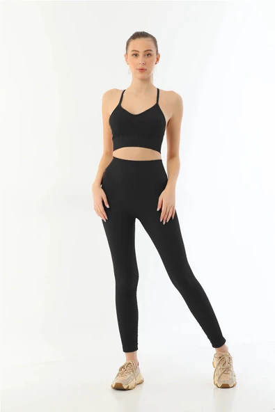 SİYAH MI Emay 3921 Soft Seamless Ripli Tayt Yoga Takımı ürün görseli 1