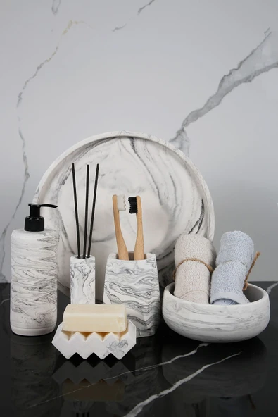 Betonmall 6 Parça Mermer Desenli Beton Banyo Seti Katı Sıvı Sabunluk Diş Fırçalığı Havluluk Tütsülük Tepsi ürün görseli 1