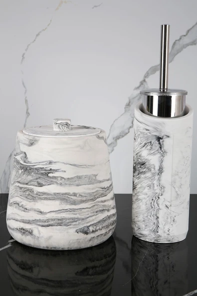 Betonmall 4 Parça Mermer Desenli Beton Banyo Wc Seti Tuvalet Fırçası Çöp Kovası 4 Litre ürün görseli 1