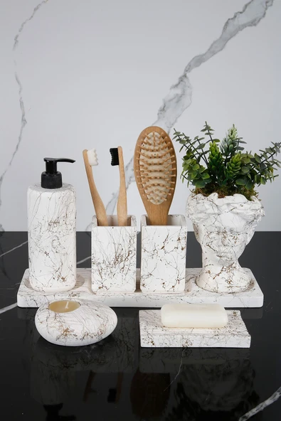 Betonmall 7 Parça Beton Banyo Seti Helen Yapay Çiçekli Saksı Katı Sıvı Sabunluk Diş Fırçalık Tütsülük Mumluk ürün görseli 1