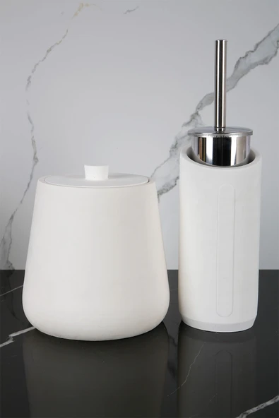 Betonmall 4 Parça Mermer Desenli Beton Banyo Wc Seti Tuvalet Fırçası Çöp Kovası 4 Litre ürün görseli 1