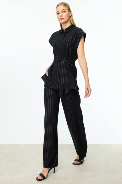 On Minimalist Çizgili Kemerli Midi Kadın Pantolon - Geniş Paça ürün görseli 1