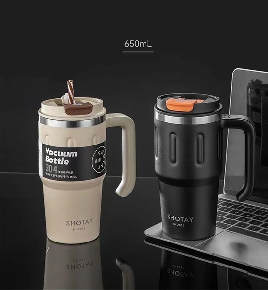 Shotay Travel Çelik Termos Mug 900Ml Krem - Resim 5
